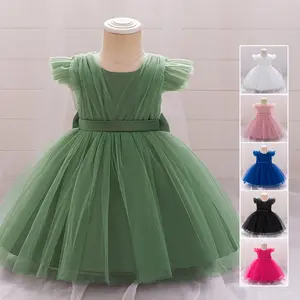 6M-3Y Dark Pink 2226 Anniversary Baby Girls Clothes Infant Birthday Cocktail Flying Sleeves Mesh Bow Ball Gown Dress Toddler Pageant Newborn Ball Gown Princess Baptism Frock