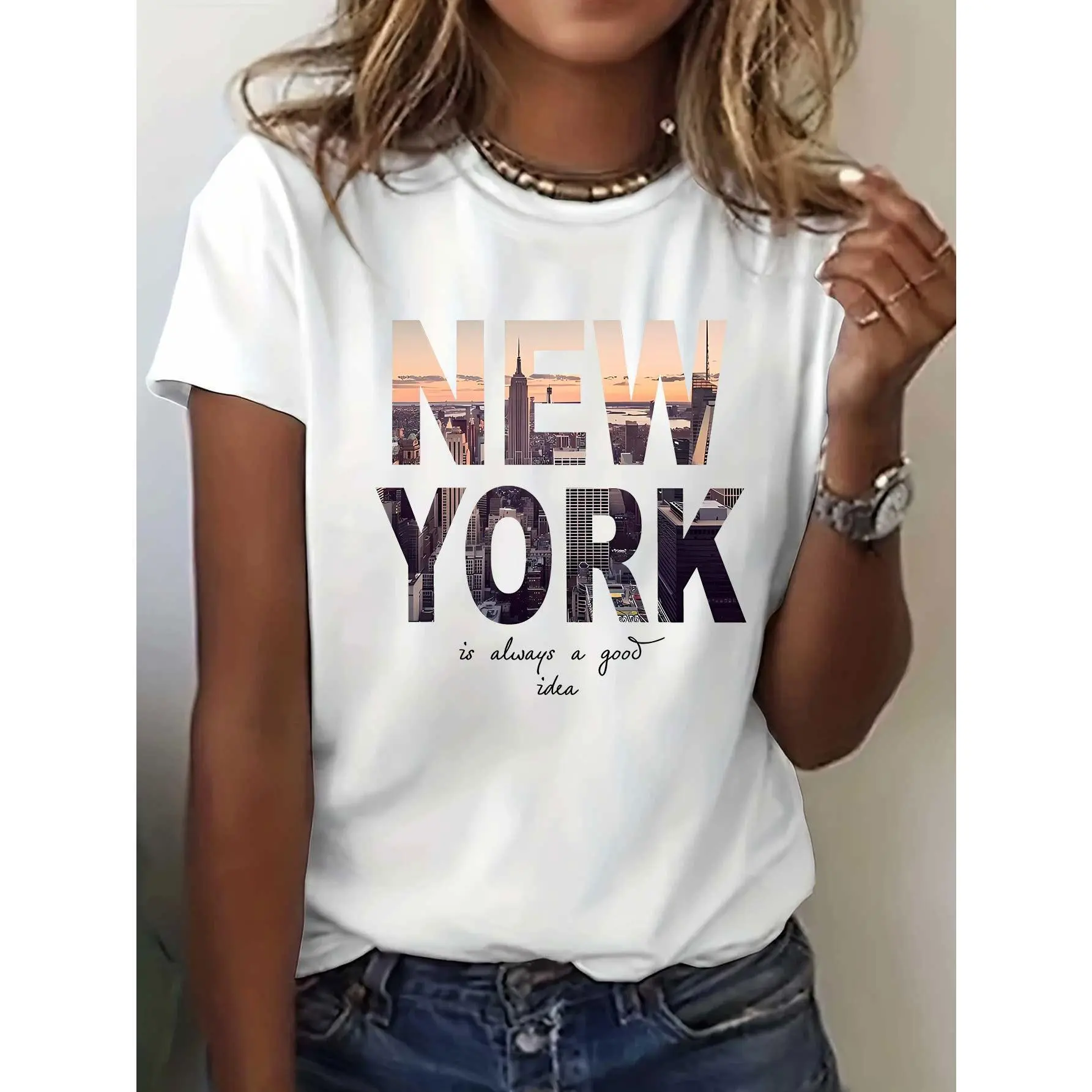 Women's Monogram Print Seamless T-Shirt, Stretchy Smooth Cotton Knit, Cloud Soft Short Sleeve Crew Neck for Everyday Wear