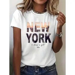 New York Monogram Printed T Shirt, Summer and Spring Short Sleeve Crew Neck Casual Top, Women's