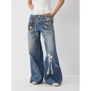 Cider Cider Denim Low Rise Diamond & Lace Graphic Wide Leg Jeans With Hanging