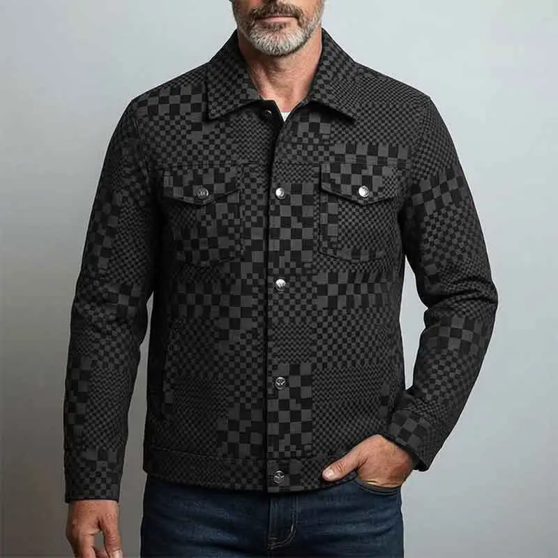Men’s checkered trucker jacket with classic lapel collar and button-down design, plaid pattern casual outerwear coat for spring and fall