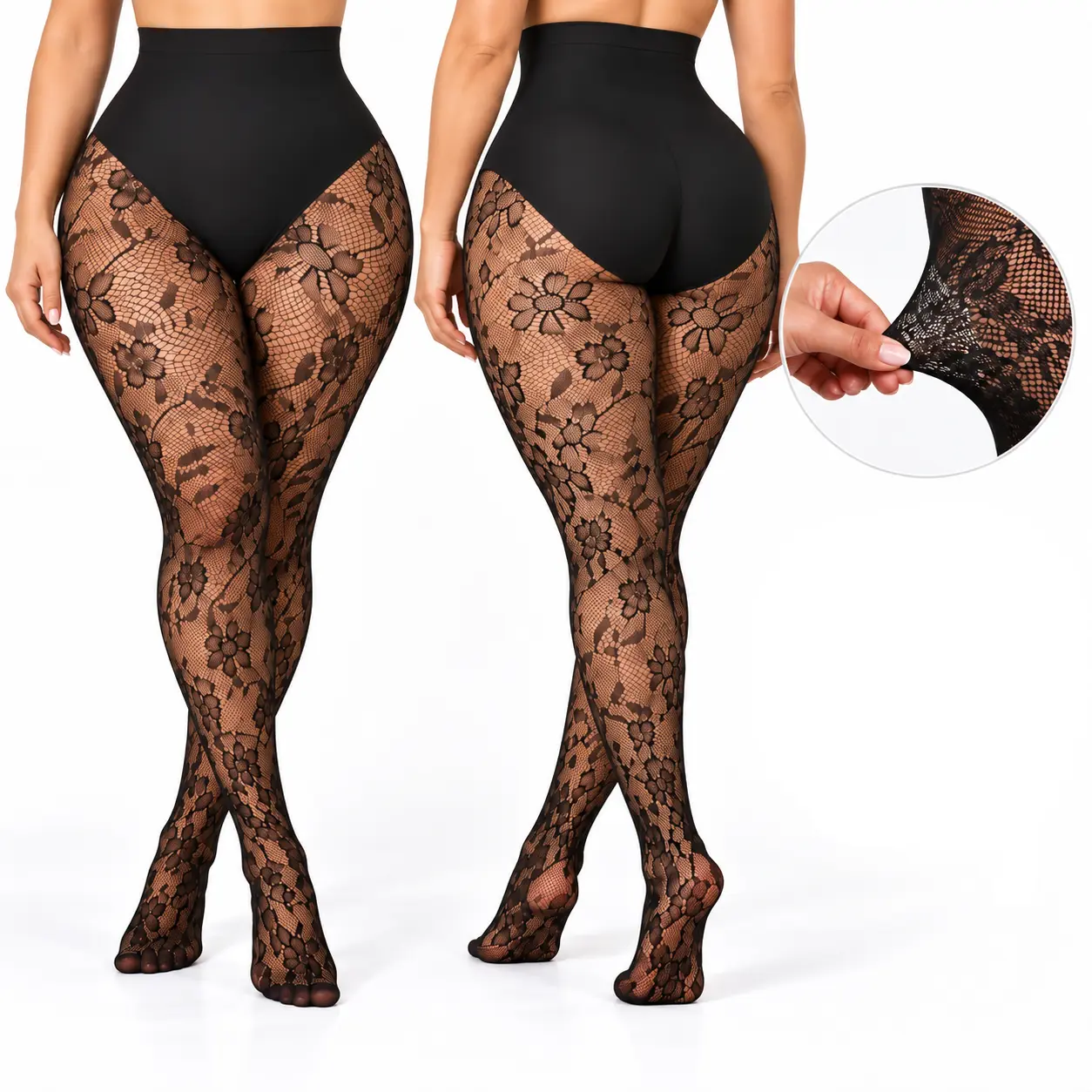 1/2-Pack Women's High Waist Shaping Lace Fishnet Tights, Tummy Control Boning Support, Non-Slip Waistband, Tight Fit Stockings for Dresses & Everyday Wear