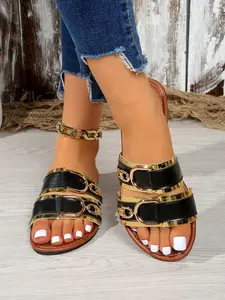 New Women's Gold Metal Buckle Sandals, Fashion Open-Toe Flat Slippers, Summer Shoes for Beach, Vacation, Date, Daily Wear