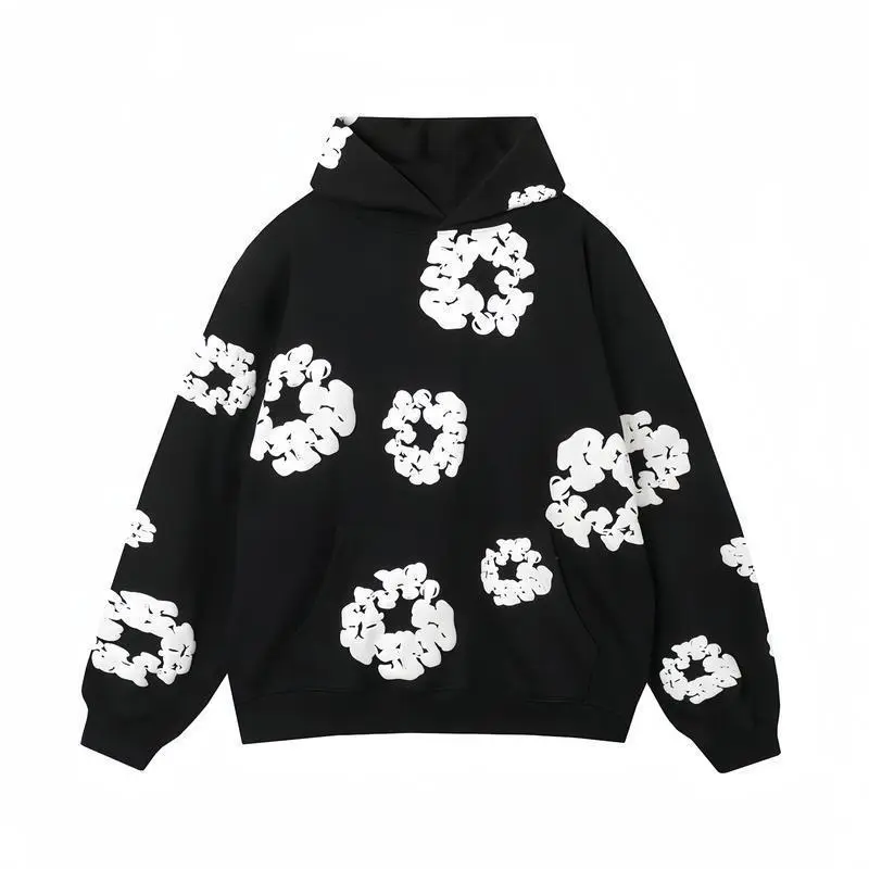 Denim cotton hoodie Hoodie cotton hoop jumper Sweatshirt Black white -floral white street fashion hoodie Menswear Tops