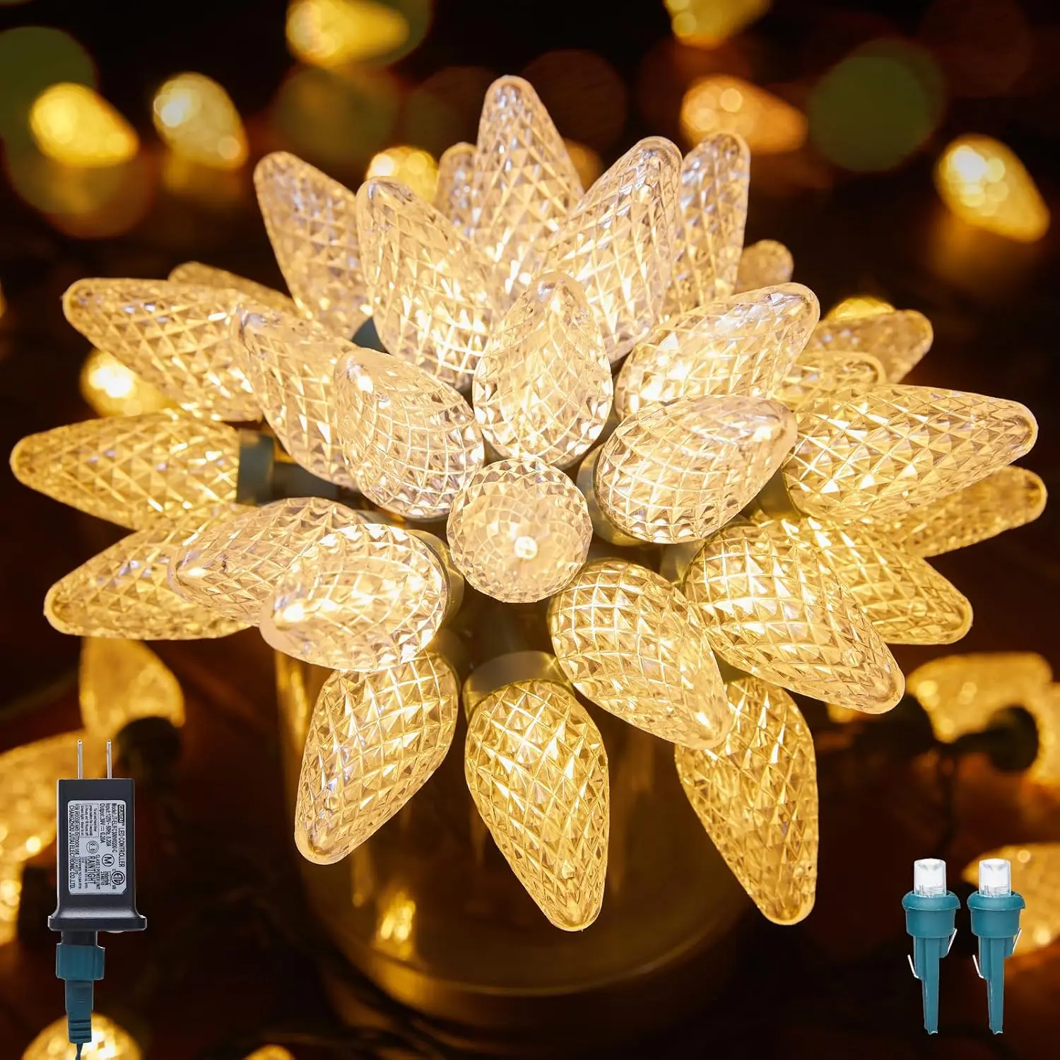 C9 LED Christmas Lights Outdoor Timer 8 Modes 100 Lights Warm White