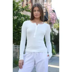 John Galt Women's White Long Sleeve Henley Top