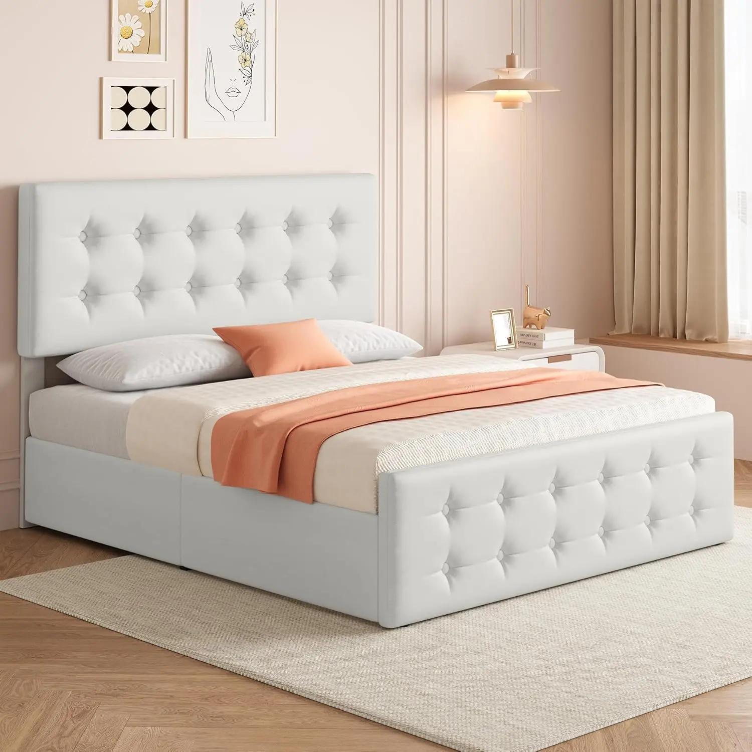 【Christmas Gift】Modern Upholstered Full Size Storage Bed Frame with Silent Wooden Slats Support, 4 Rolling Drawers, PU Leather Button Tufted Headboard, 1000 lbs Capacity, No Box Spring Needed, Beige, Modern Upholstered Bed