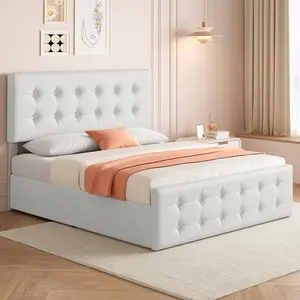 【Christmas Gift】Full Size Bed Frame with 4 Storage Drawers and Headboard Faux Leather Upholstered Platform Bed Frame with Wooden Slats Support Button Tufted Design No Box Spring Needed Beige