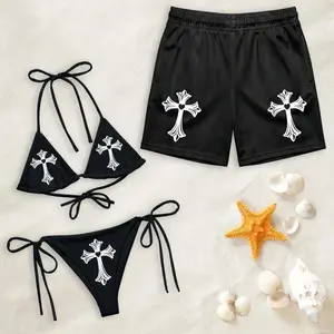 Black Cross Matching Couple Swimwear Set, Gothic White Cross String Bikini & Mesh Swim Trunks, Fun Gift for Couples Vacation
