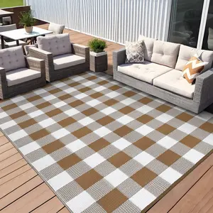 GARVEE 9x12 Large Waterproof Outdoor Rug Uv Resistant Plastic Straw Rug Modern Brown White Checkerboard Reversible Plaid Camping Carpet Picnic Mat for Beach, Backyard, Brown/White