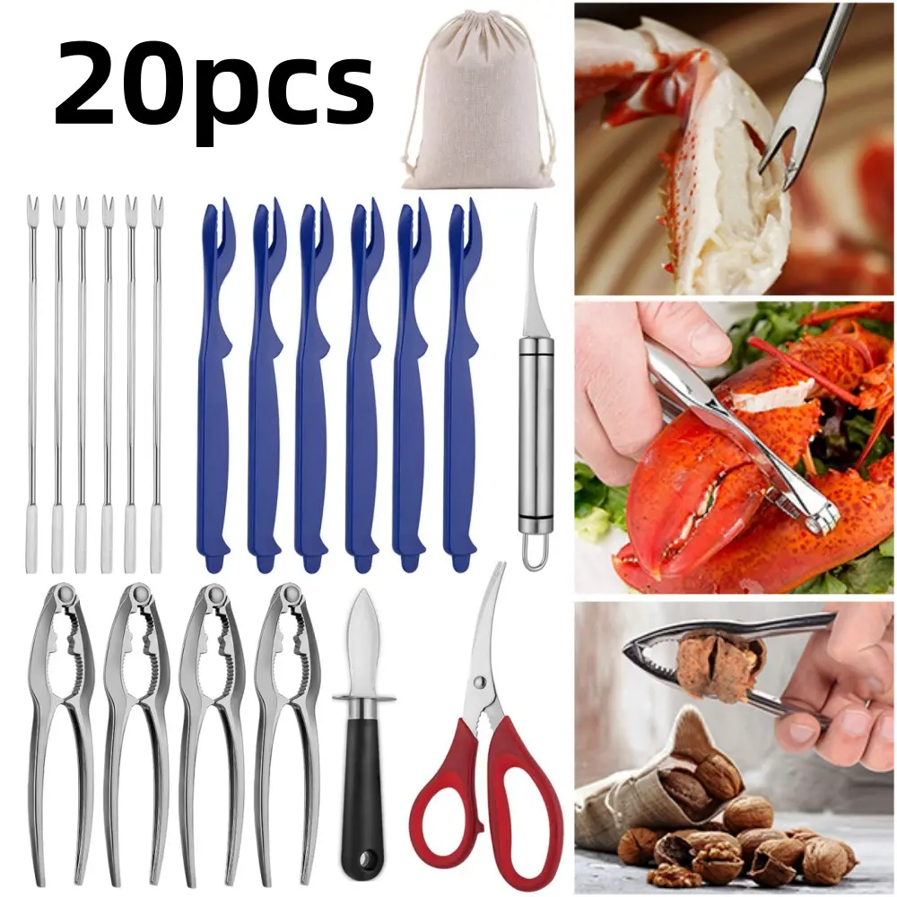 20 pcs Seafood Tools Set Seafood Boil Party Supplies Includes 4 Crab Crackers 6 Seafood Fork 6 Lobster Crackers 1 Seafood Scissors 1 Oyster Knife 1 Shrimp Cleaning Tool