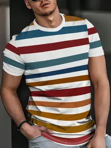 Men's Vintage Striped Digital Print Fitted T-Shirt, Summer Round Neck Crewneck Short Sleeve Streetwear, Trendy Casual Fashion for Men