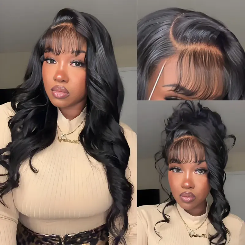 UNice Glueless Side-Part & Middle Part Fluffy Loose Wave Wig with Wispy Air Bangs 13x4 HD Lace Frontal Human Hair Wigs with Bleached Knots Easy to Install Natural Hairline Scalp