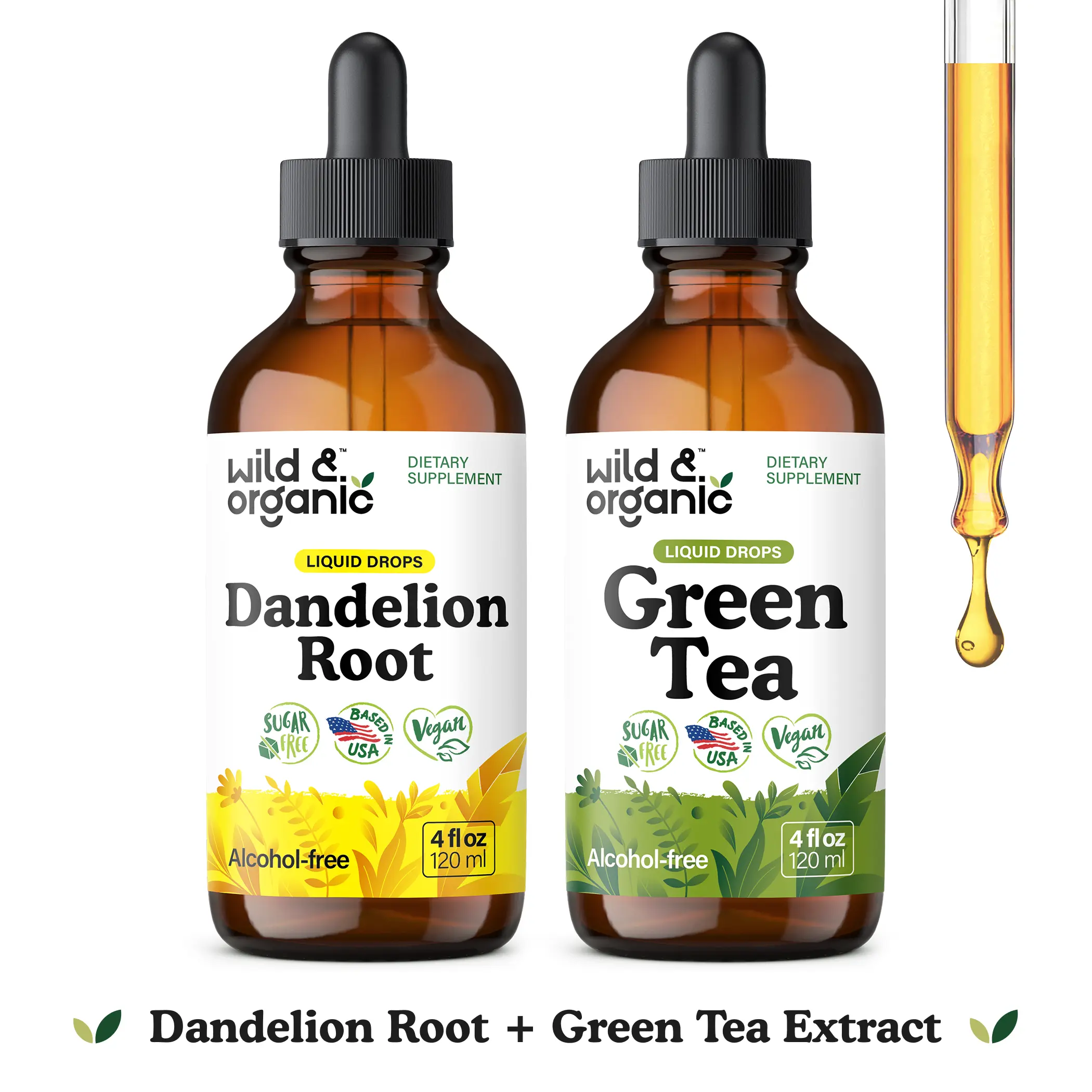 Wild & Organic Daily Cleanse & Vitality Duo: Dandelion Root for Fluid Balance, Green Tea Extract for Antioxidant Support, Vegan, Sugar & Alcohol-Free