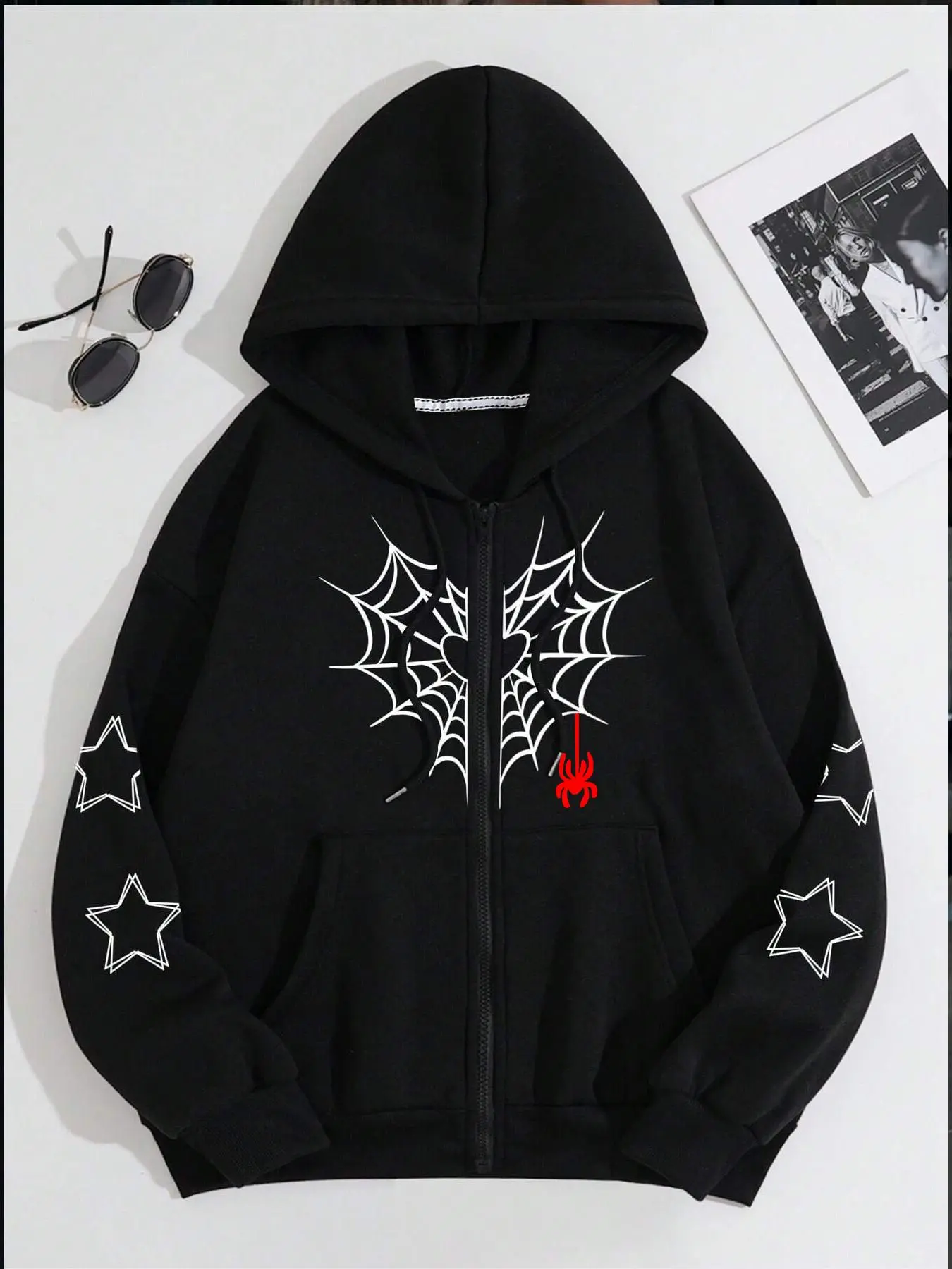 Women's Spider Web Print Zip Up Hoodie, Gothic Style Hoodie, Casual Long Sleeve Drawstring Hooded Sweatshirt for Fall & Winter, Women's Clothes for Daily Wear, Halloween, Hooded Top