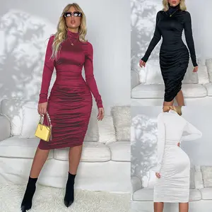 High-neck pleated, waist-cinching, slimming, mid-length one-step dress, fashionable and elegant, long-sleeved dress that lifts the buttocks