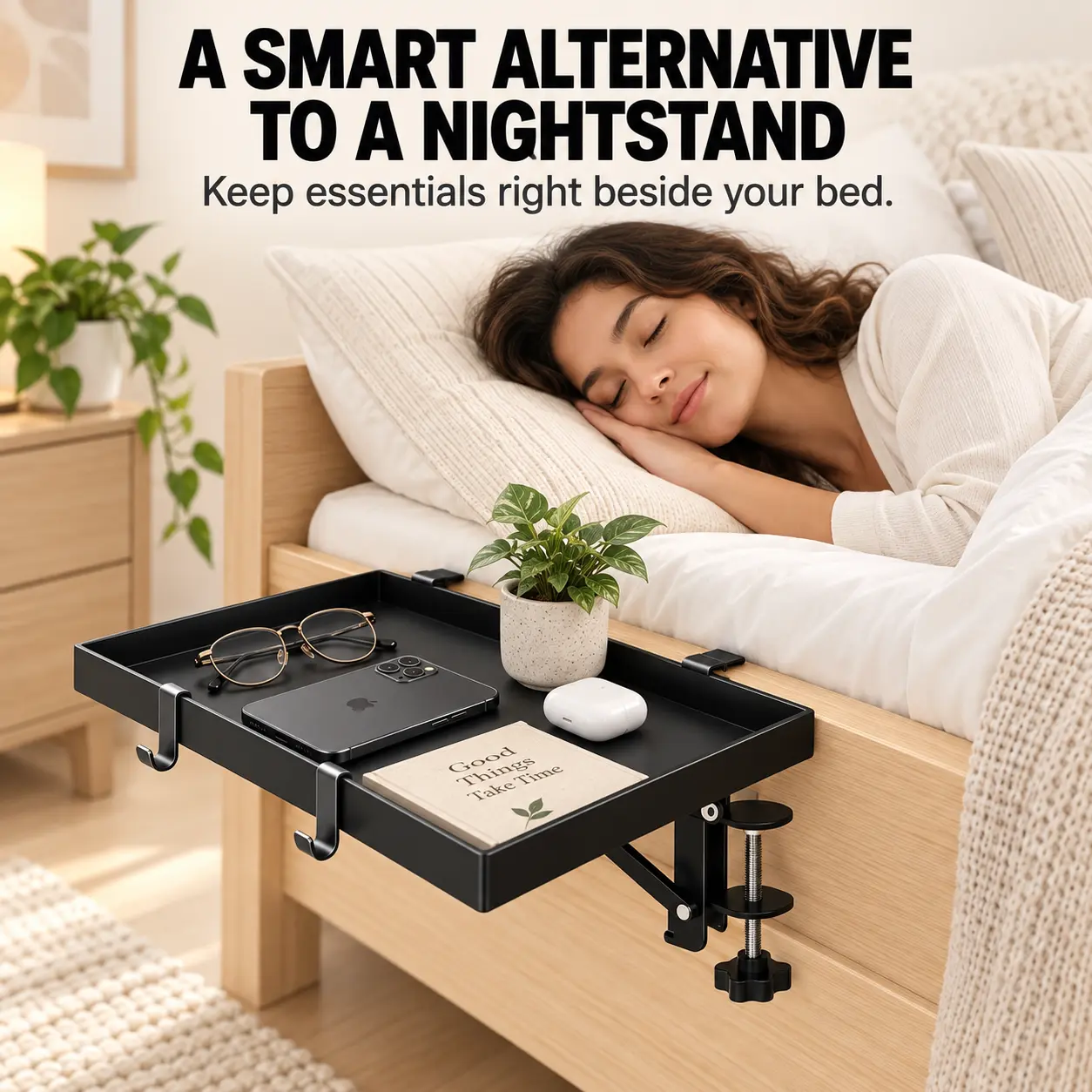 > Clip-On Bedside Shelf for Bunk & Loft Beds, Foldable Bed Caddy Tray for Dorm Rooms & Small Bedrooms, Space-Saving Bedside Organizer for Phone, Books & Water, Black