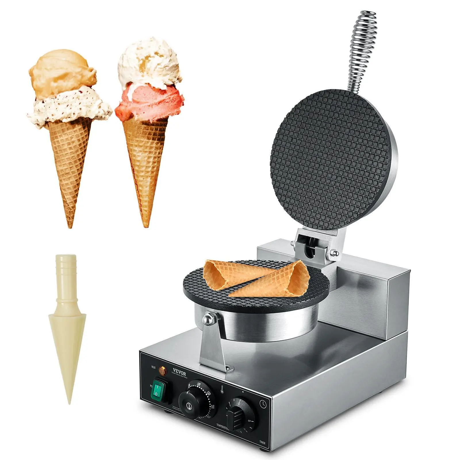 【Summerfinds】VEVOR Electric Ice Cream Cone Maker, Commercial 1230W Waffle Cone Machine, Non-Stick Stainless Steel Egg Roll Mold, with Temperature and Time Control, Handle, for Restaurant Bakery Snack Bar Family