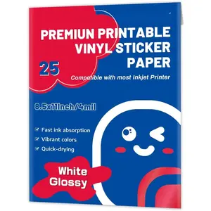 Glossy Sticker Paper Printable Vinyl for Inkjet Printer Adhesive White Decals Waterproof Quick Drying Tear Resistance Labels Letter Size 8.5x11 in for Craft,Scrapbook