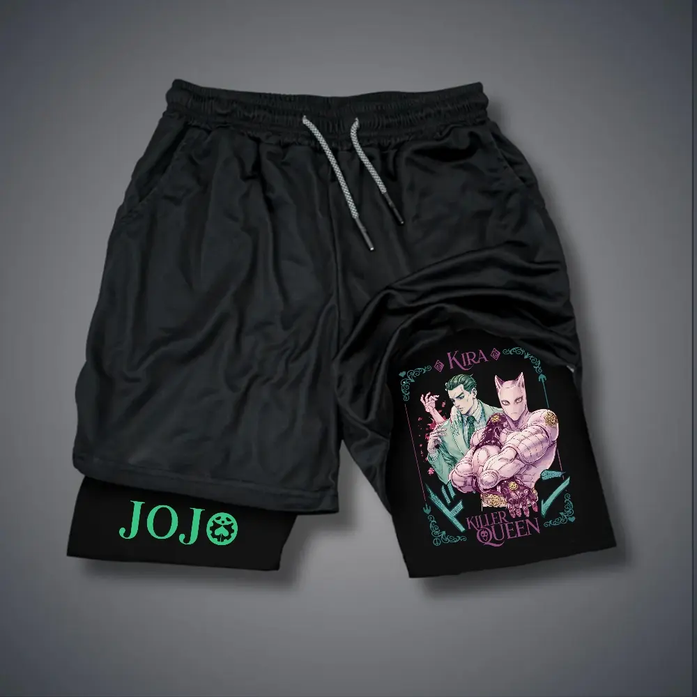 JOJO 80s 90s Double-Layer Sports Shorts Graphic Shorts Black Camo Streetwear Shorts Men Outfits Men Vacation Outfits Shorts