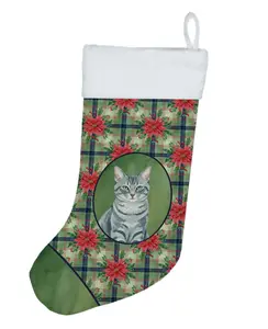 Carolines Treasures FNT1299CS 18 x 13.5 in. Gray Mackerel Tabby Cat with Poinsettias Holiday Stocking
