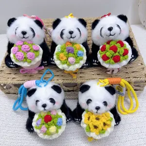 Cute Panda Plush Keychain, Soft Panda Bag Charm with Crochet Flower Bouquet, Kawaii Animal Key Ring for Backpack Purse, Aesthetic Panda Accessory for Girls, Perfect Gift for Panda Lovers