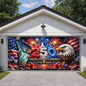 13 x 6 ft Personalized America 250th Anniversary Garage Door Banner, Custom Name USA Patriotic Polyester Backdrop with Rope, 4th of July Outdoor Decorations