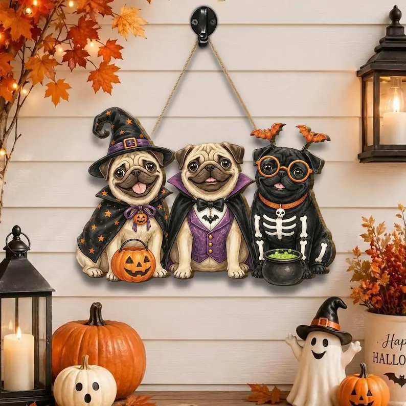 Halloween Pug Welcome Sign - Cute Pug Door Hanger, Witch-Vampire-Skeleton Themed Dog Decor, Spooky Fall Porch Sign, Dog Lover Home Gift