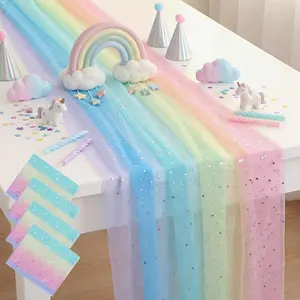 Rainbow Sheer Tablecloth, Colorful Lace Decor, Home Kitchen Garden Party Unicorn Birthday Baby Shower Wedding Decoration, 1 Piece/4 Pieces