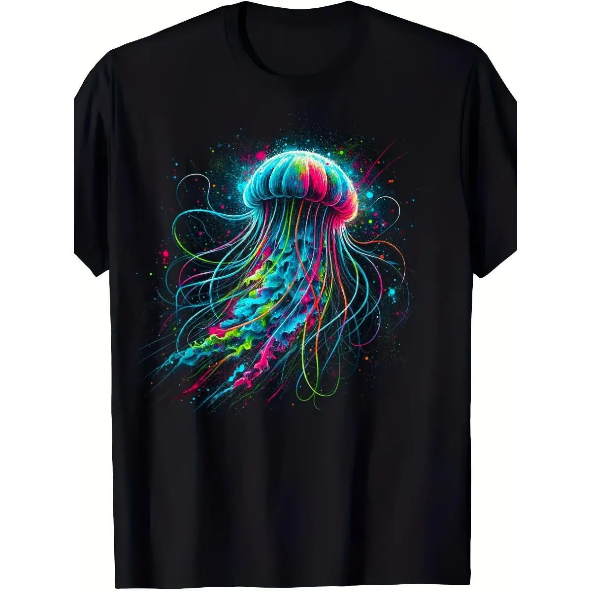 [100% Cotton] 100% Cotton Men'S & Women'S Neon Glow-in-the-Dark Jellyfish T-Shirt - 100% Soft Black Retro Graphic Tee with Glowing Jellyfish Print, Short Sleeve Round Neck Casual Shirt for Beach Parties, Night Out, Halloween & Christmas Gifts (S-XXXL) - R