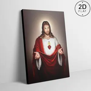 Durable Christian‑Themed Gift, Wooden Framed 2D Canvas Wall Art of Jesus Sacred Heart with Classic Retro Cross Print , Religious Decor for Indoor Hanging in Bedroom and Living Room