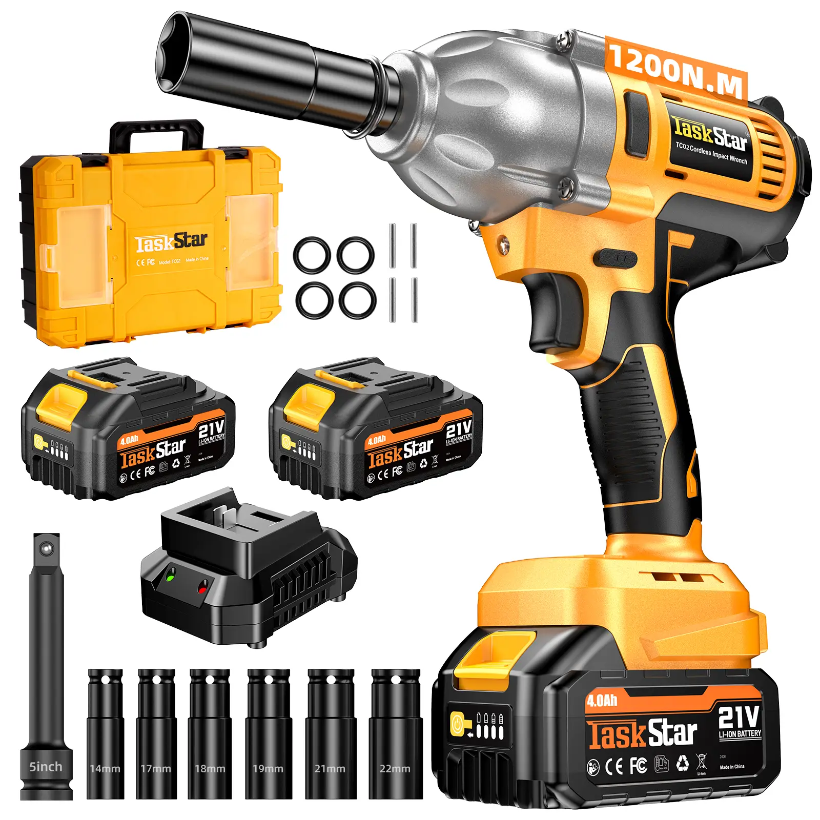 【TaskStar】1200Nm(886ft-lbs) Cordless Impact Wrench, Powerful 1/2" Electric High Torque Impact Wrench Kit With 2*4.0Ah Battery, Fast Charger for Car Ti