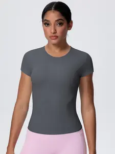 Women's Fitness Short Sleeve Round Neck Slim Fit T-Shirt, Waist Cinching Yoga Top, Casual Workout Tops, Running Training Pilates Sportswear