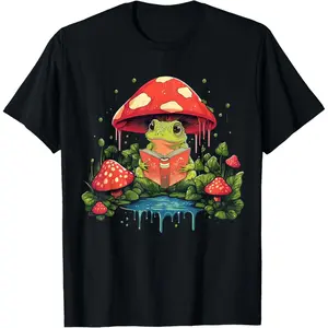 Cute Cottagecore Mushroom Frog Aesthetic Girls Women Graphic T-Shirt