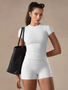 Women's Solid Color Set, Fitness Sportswear Set, Basic Versatile T-Shirt Top, Fashion Multi-Purpose High Waist Gym Shorts, Yoga Fitness, All Seasons