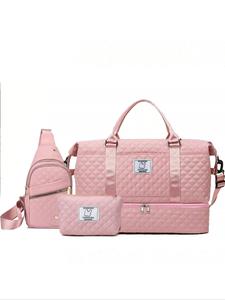 women's solid color large capacity quilted travel bag set, casual multi-functional portable shoulder bag with shoes compartment, weekend carry-on handbag belt bag handbag, travel bag organizer, travel essentials