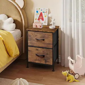 Night Stand, Small Dresser with 2 Drawers & Wooden Top, Nightstand with Fabric Bins, Bedside Table End Table for Bedroom, Closet, Entryway, College Dorm, Rustic Brown
