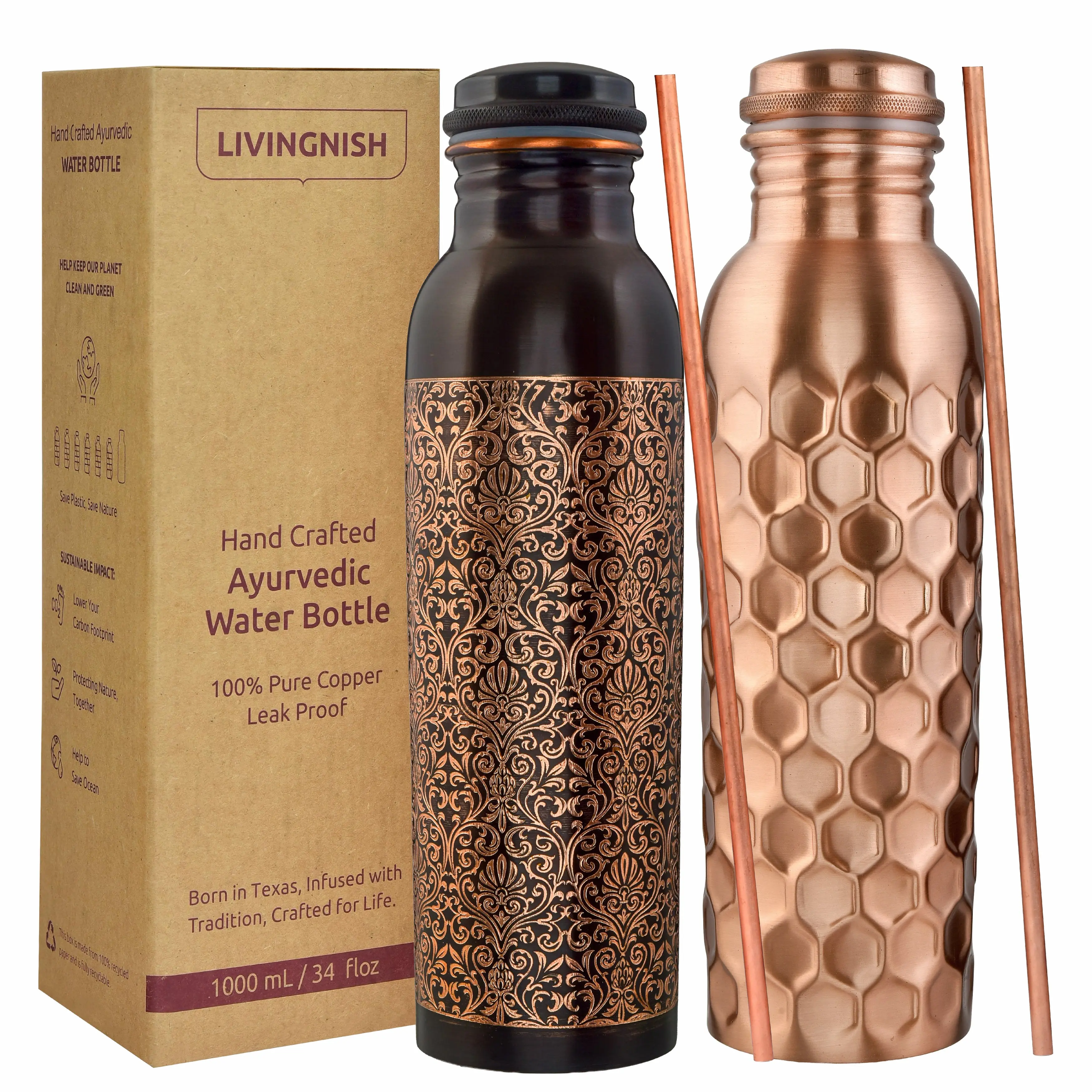 100% Pure Ayurvedic Copper Water Bottle- 8 Pcs Set (2 Bottle, 2 Straw,2 Extra Silicon Ring and 2 Cloth bags) AQHN