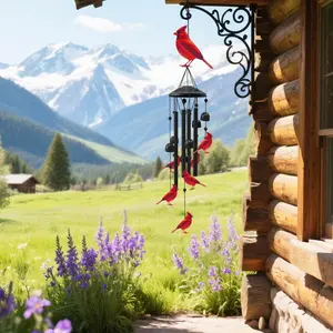 Metal Cardinal Wind Chime - Outdoor Hanging Home Decor with Red Birds, Black Bells, LED Rose Bouquet, Motion Sensor, Backyard Ornament, Car Accessory, Wind Chimes