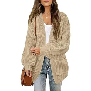 MEROKEETY Women's Chunky Cardigan Sweaters 2025 Lantern Long Sleeve Oversized Knit Outerwear with Pockets