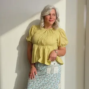 Rosewood Blooms Peplum Blouse - Lightweight Textured Cotton with Rose Embroidery Puff Short Sleeves Tiered Peplum Waist Round Neckline Adjustable Back Tie Closure