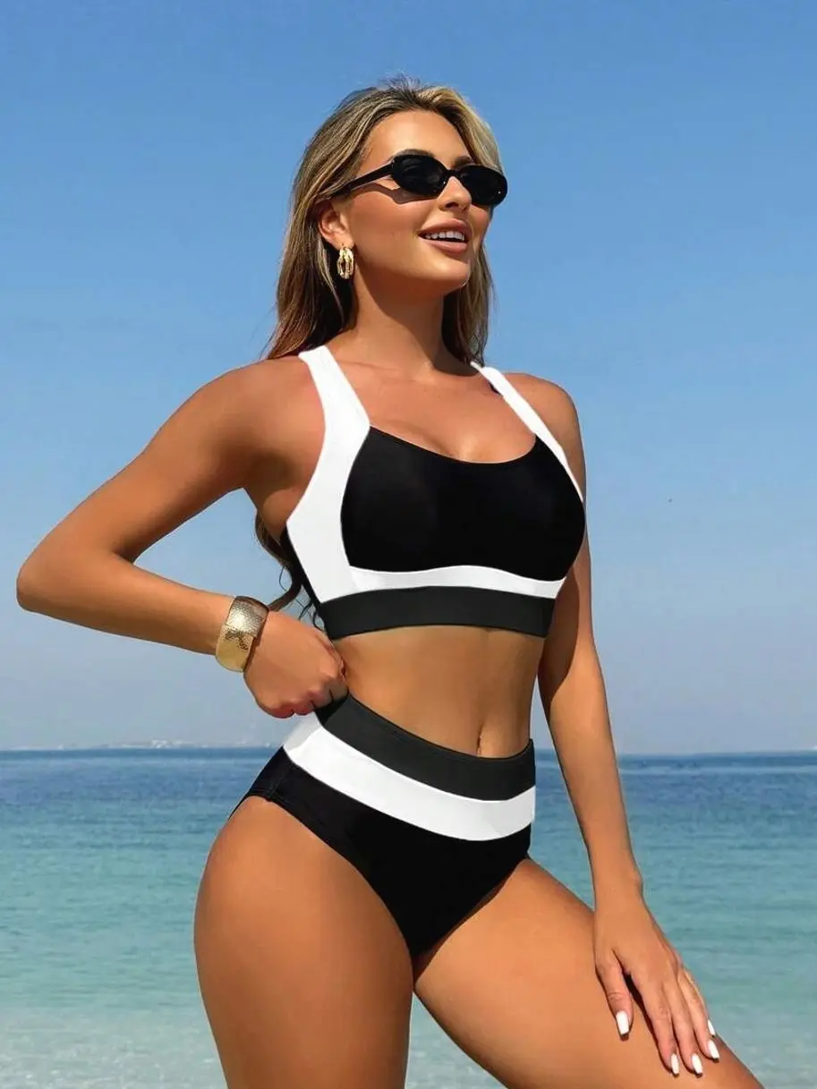 Women's Color Block High Waist Bikini Set – Contrast Trim Sports Swimsuit with Removable Padding for Beach Vacation