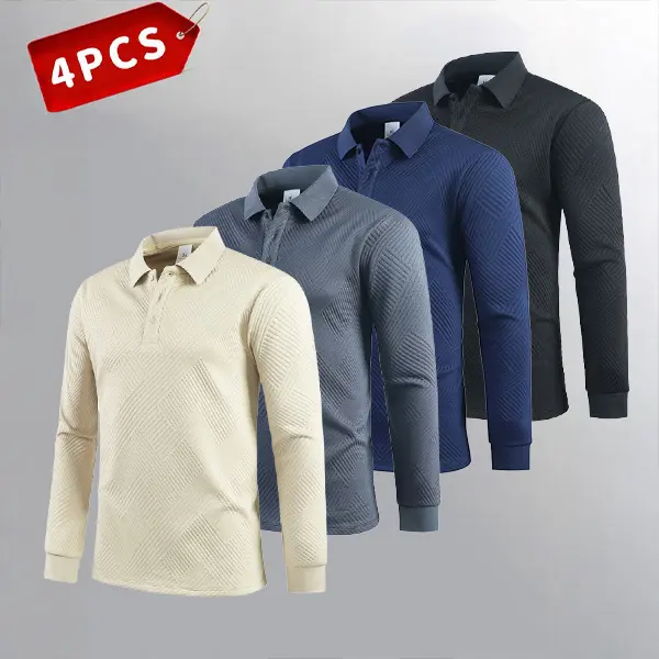 Men's Four-Piece Textured Long-Sleeve Polo Shirt Set — Stylish and Versatile for Everyday and Casual Wear