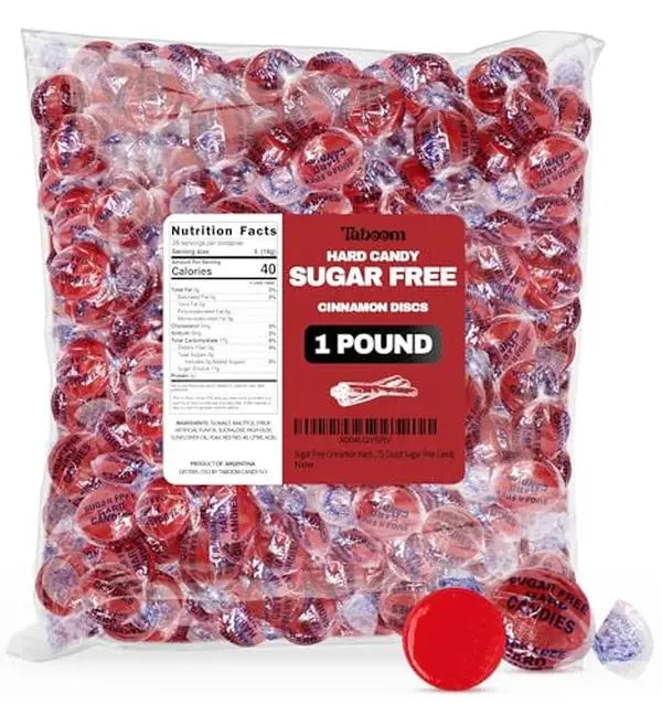 Sugar Free Hot Cinnamon Hard Candy Discs 1 Pound Candies - Approx. 75 Individually Wrapped Red Fiery Cinnamon Candies For Snacks & Treats, Sugar Free Candy - Taboom