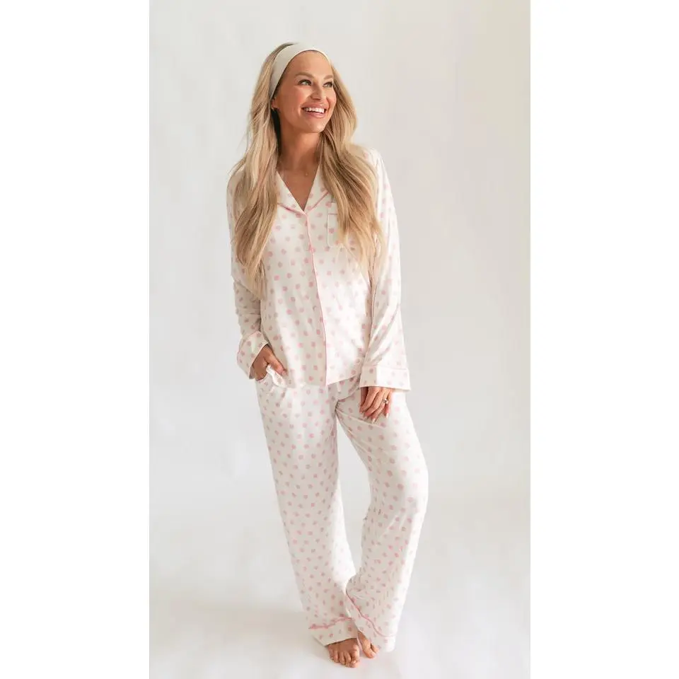 Women's Button Up Set In White & Pink Polka Dot