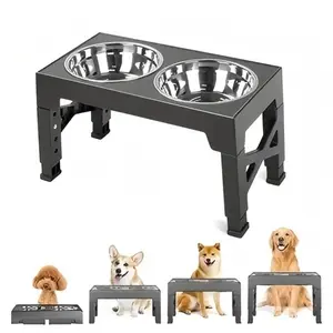 Dog High-Platform Bowl, Pet Feeder, Elevated Slow Feeder, Slow Feeding Bowl, Adjustable Height, Stainless Steel Neck Protection, Dual Bowls Stand with 2 Bowls