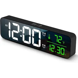 Digital Large Display Alarm Clock for Living Room Office Bedroom Decor LED Electronic Date Temp Display Wall Electric Clocks Automatic Brightness Dimmer Smart Cool Modern Desk Accessories Black