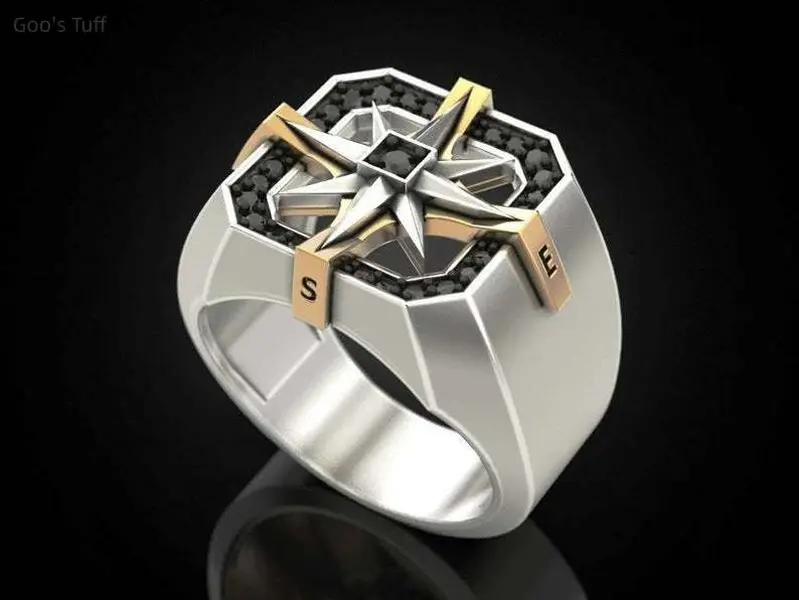 Men's S925 Silver Viking Compass Signet Ring, 2-Tone Plated Vintage Nordic Finger Band, Trendy Punk Jewelry for Daily Wear & Parties, Ideal Gift for European American Males