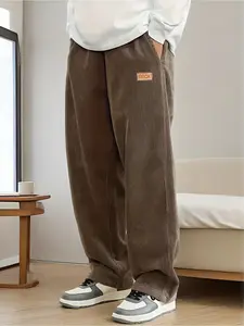 Men's fashionable corduroy straight-leg sweatpants with drawstring and elastic waistband, suitable for spring and autumn, Casual Sporty Trousers, Athleisure Style Bottoms