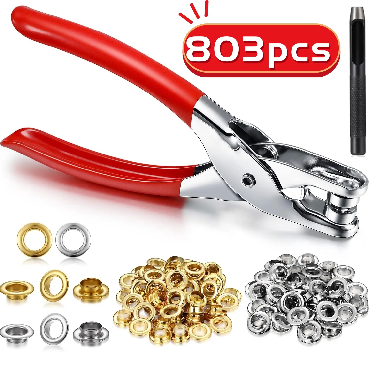 803 Pcs 1/4 Inch Grommet Eyelet Pliers Kit for Fabric, Gold Silver Include Eyelet Pliers, Leather Hole Punch Pliers, 400 Metal Eyelet Grommets in Gold and Silver, Hand Press Kit